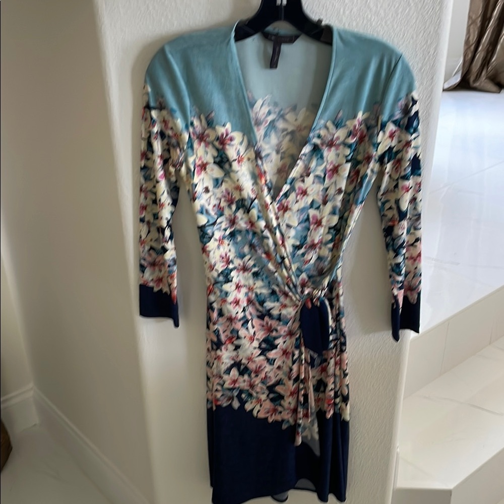 BCBGMaxAzria Blue and Orange Sheath Dress with 3/4 Sleeves
